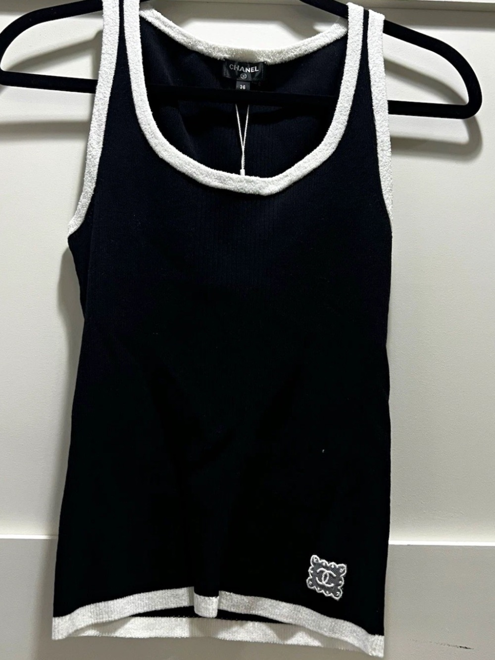 CHANEL Black Tank Top with White Trim and Logo Patch